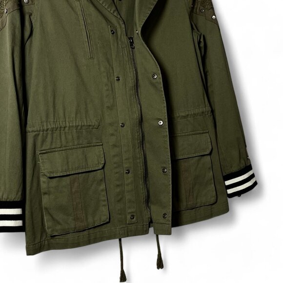 BKE Canvas Jacket Khaki Green Crochet Applique Sudded Snap Zip Front Long Sleeve - Picture 11 of 15